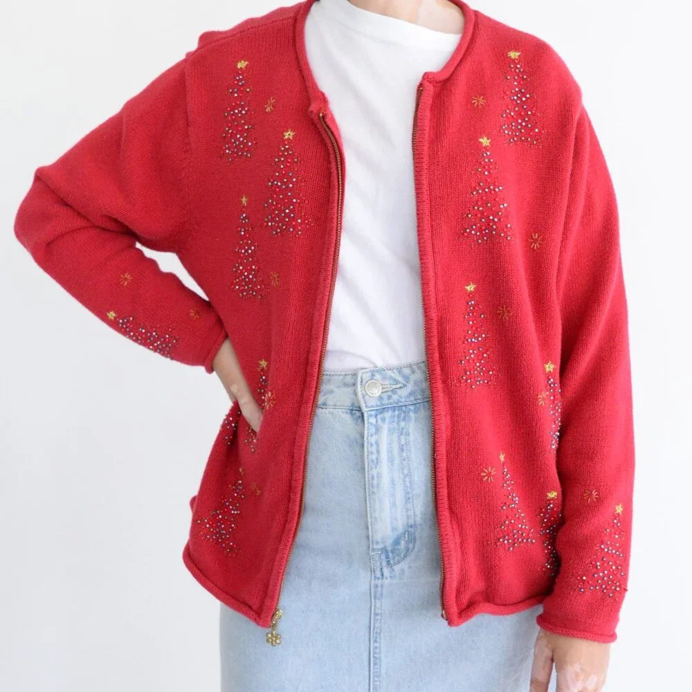 Vintage Croft And Barrow Red Beaded Christmas Trees Zip Up Fine Knit Sweater Xl